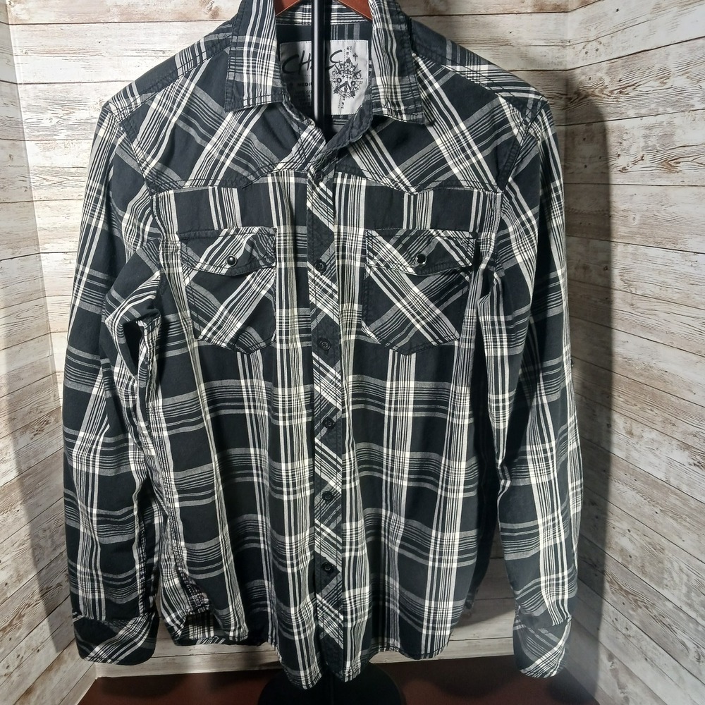 Chalc Men's Black & White Plaid Western Cut Long Sleeve Button‎ up Shirt Sz M
